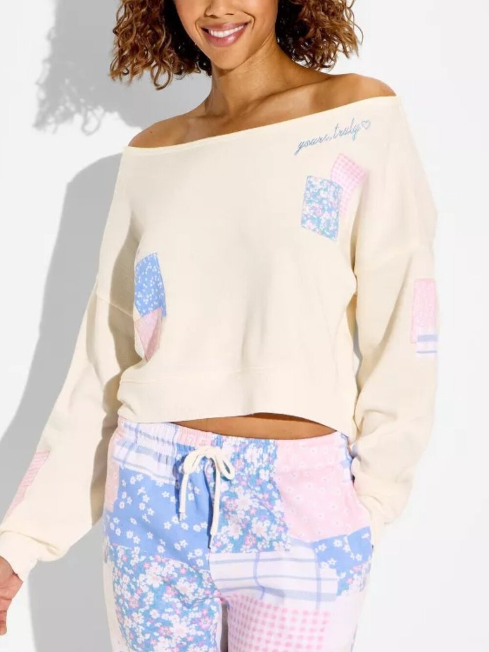 NWT Mighty Fine Patchwork Off the Shoulder Graphic Pullover Sweatshirt - Pastels